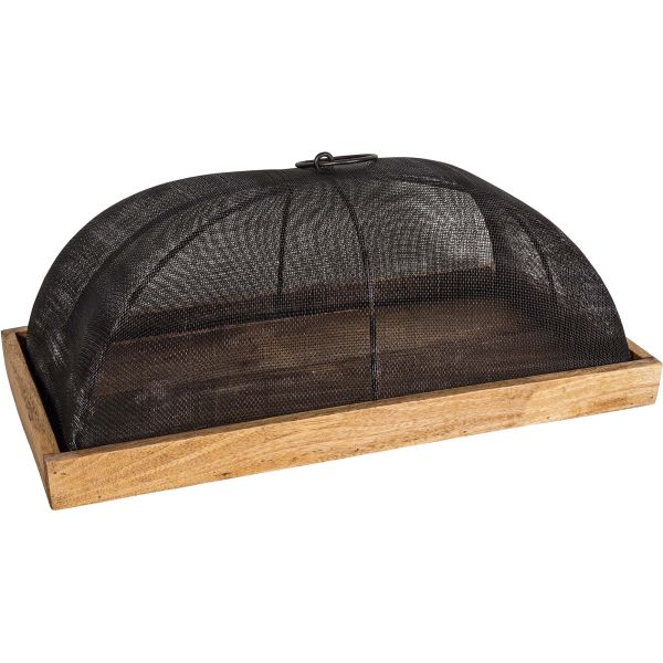 Plateau en bois avec cloche grillagée