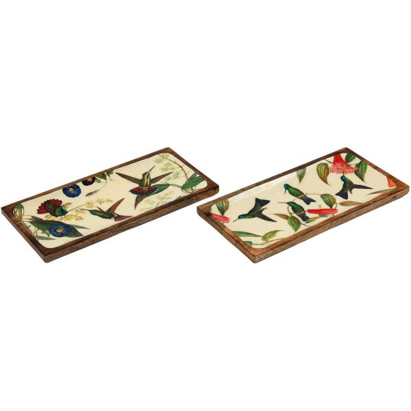 Plateau en manguier et émail Colibri 40 x 19 cm (Lot de 2)