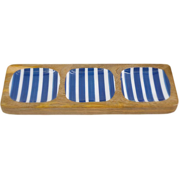 Plateau en manguier et émail Rayures bleues