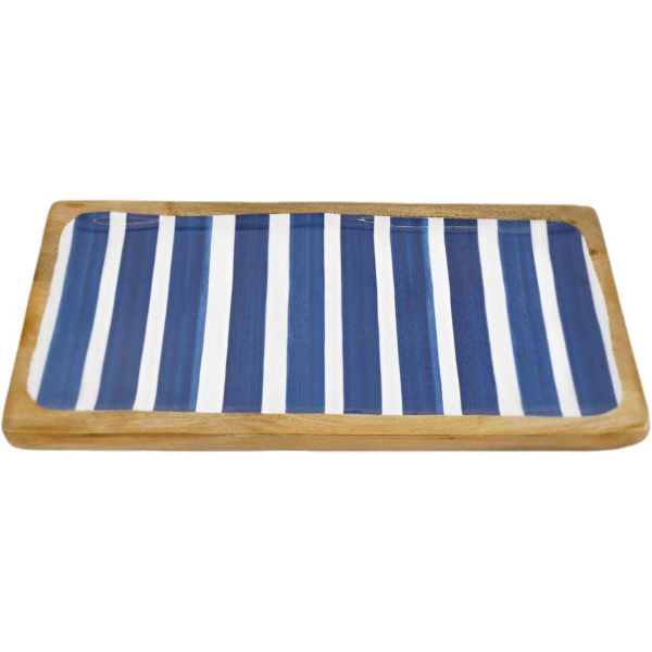 Plateau en manguier et émail Rayures bleues
