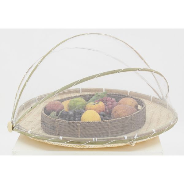 Plateau rond en bambou avec cloche en filet - AUB-5605