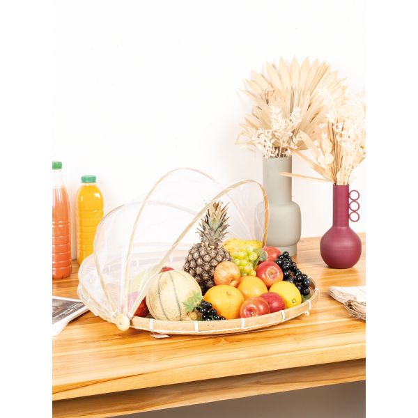 Plateau rond en bambou avec cloche en filet - 7