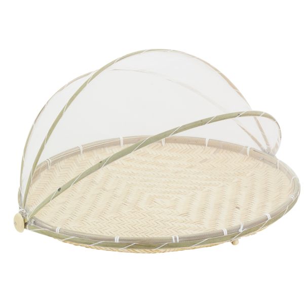 Plateau rond en bambou avec cloche en filet