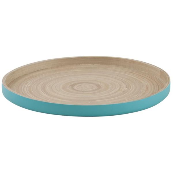 Plateau rond en bambou naturel et laqué turquoise