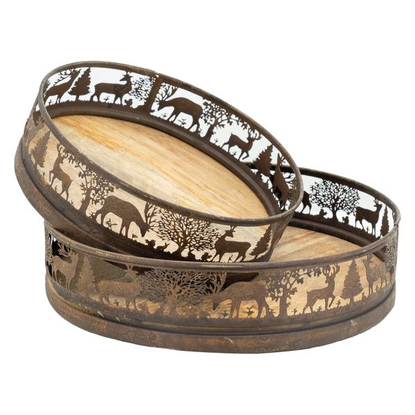 Plateaux en métal doré antique  et manguier Cerf et Biche