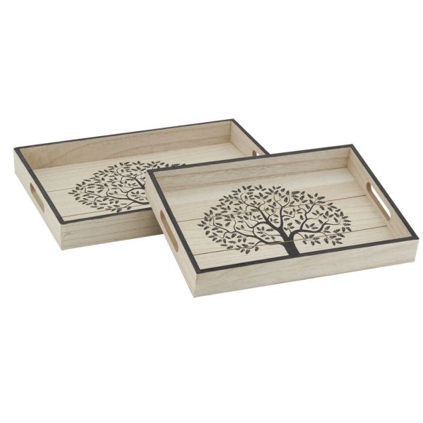 Plateaux rectangulaires en bois naturel Arbre de vie (Lot de 2)