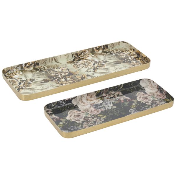 Plateaux rectangulaires en métal Fleurs retro (lot de 2)