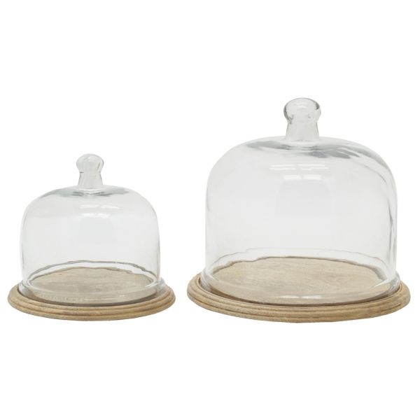 Cloches en verre + plateaux en manguier (lot de 2)