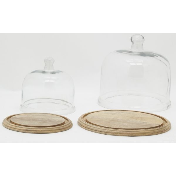 Cloches en verre + plateaux en manguier (lot de 2) - AUB-5653