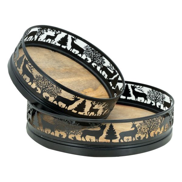 Plateaux ronds en métal et bois Cerf (lot de 2)