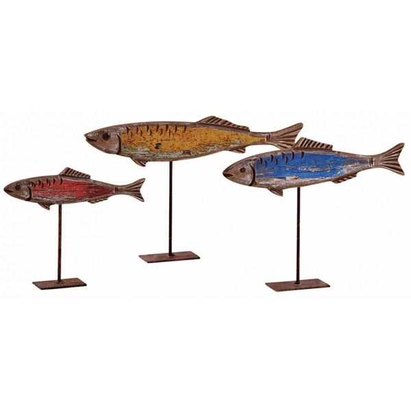 Poissons colorés en bois sur pieds (Lot de 3)