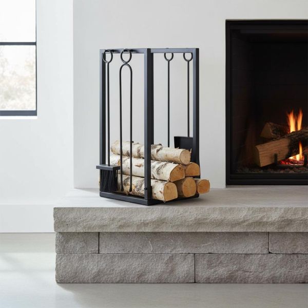 Porte-bûches + 4 accessoires de cheminée en métal noir - AUBRY GASPARD
