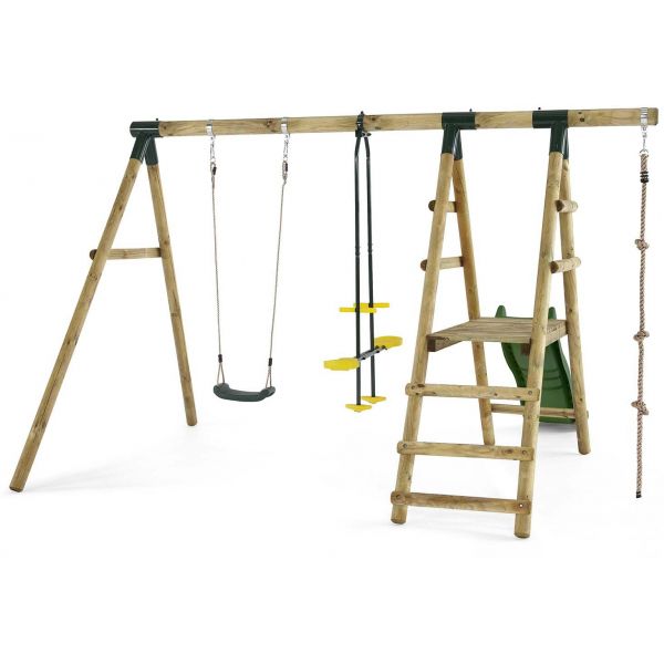 Portique en bois avec toboggan et agrès