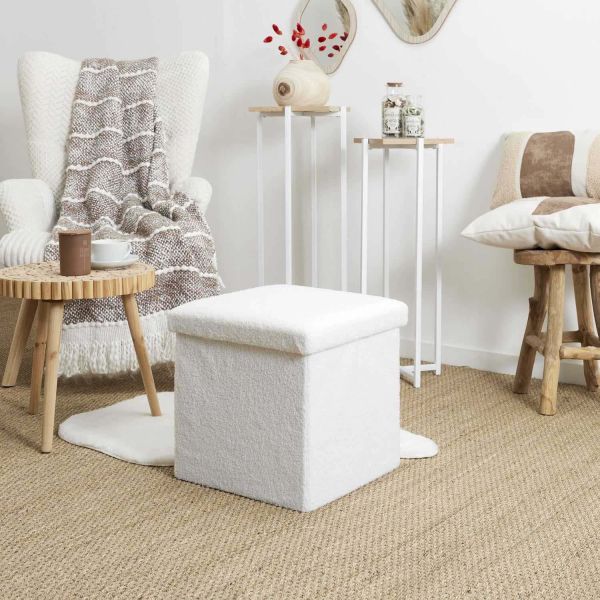 Pouf coffre pliable en bouclette blanc - 5