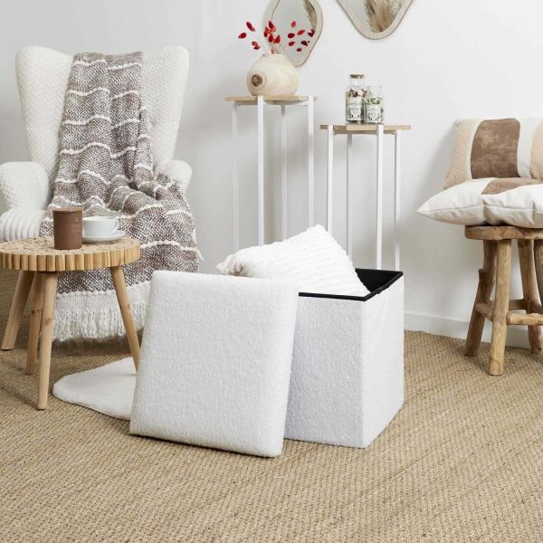 Pouf coffre pliable en bouclette blanc - THE HOME DECO FACTORY