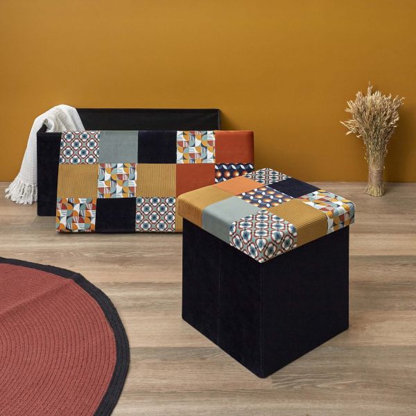 Pouf coffre pliable en tissu patchwork Rétro - 7