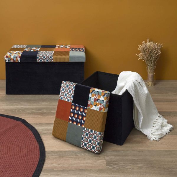 Pouf coffre pliable en tissu patchwork Rétro - THE HOME DECO FACTORY