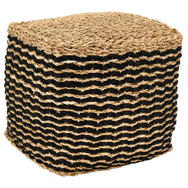 Pouf carré en jonc naturel et noir