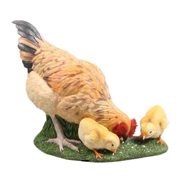 Poule avec poussins picorants en résine 36.5 x 19 x 28.5 cm