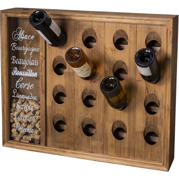 Range bouteilles mural en bois 16 bouteilles avec réserve bouchons