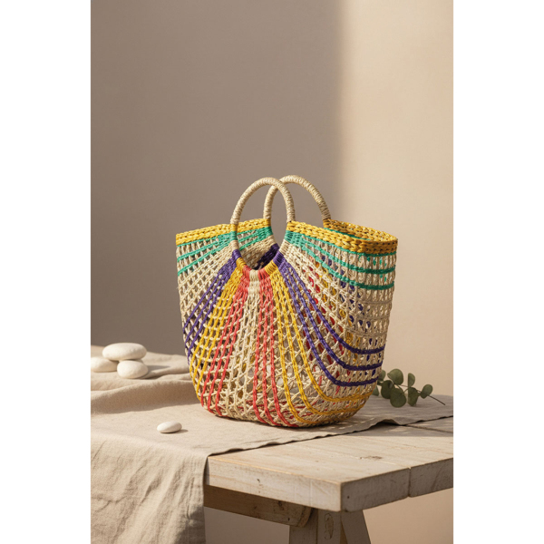 Sac demi-lune en jonc multicolore - AUBRY GASPARD