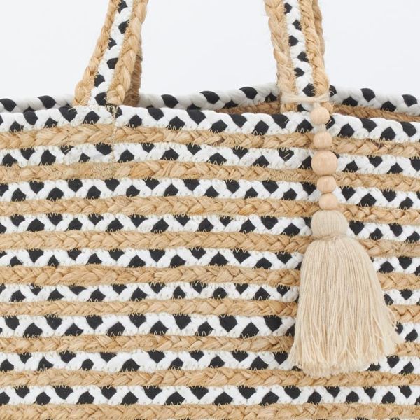 Sac en jute noir et blanc Indi avec pompon - AUB-6059