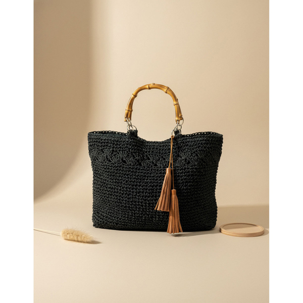 Sac tressé noir avec anse en bambou - AUBRY GASPARD