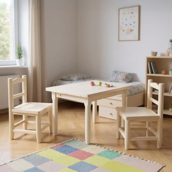 Salon enfant 1 table 2 chaises en pin blanchi - AUBRY GASPARD