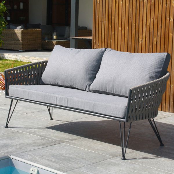 Salon de jardin bas 4 places en corde tissée taupe et acier Capri - 5