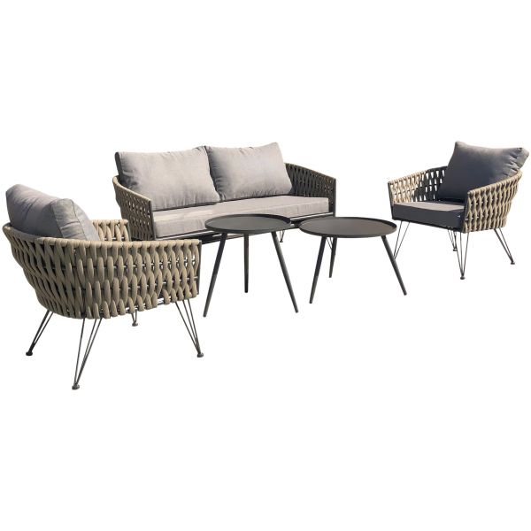 Salon de jardin bas CAPRI en corde tissée taupe et acier Anthracite 4  personnes DCB GARDEN