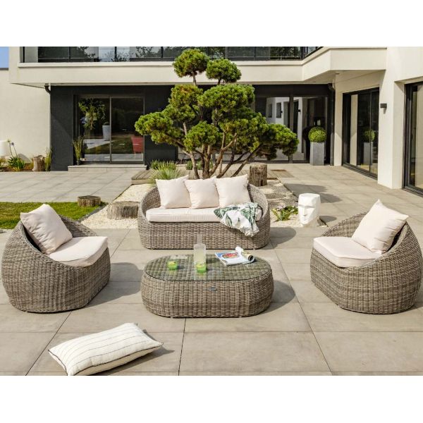 Salon de jardin bas 5 places en résine tressée demi-ronde luxe Isa