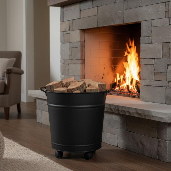 Seau à bûches ou granulés avec roulettes en acier galvanisé - GUILLOUARD