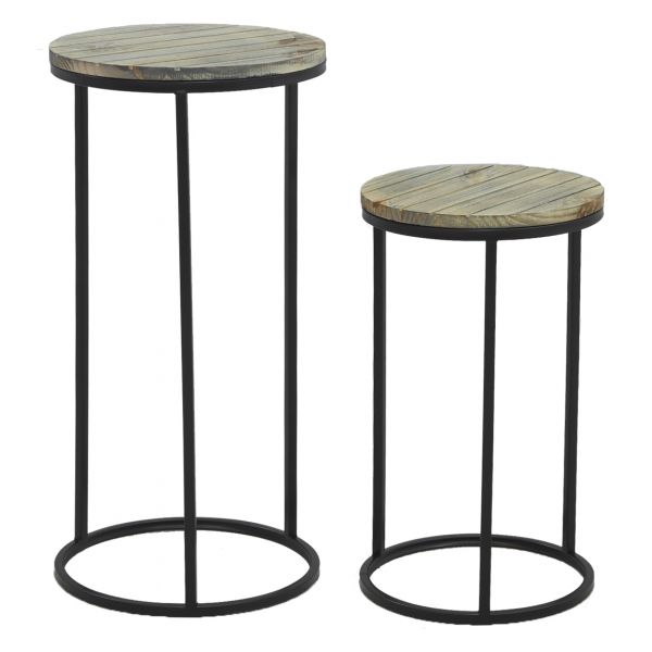 Sellettes en métal noir et pin (Lot de 2)