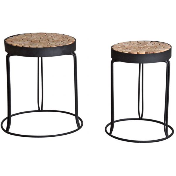 Sellettes rondes en métal et sapin (Lot de 2)