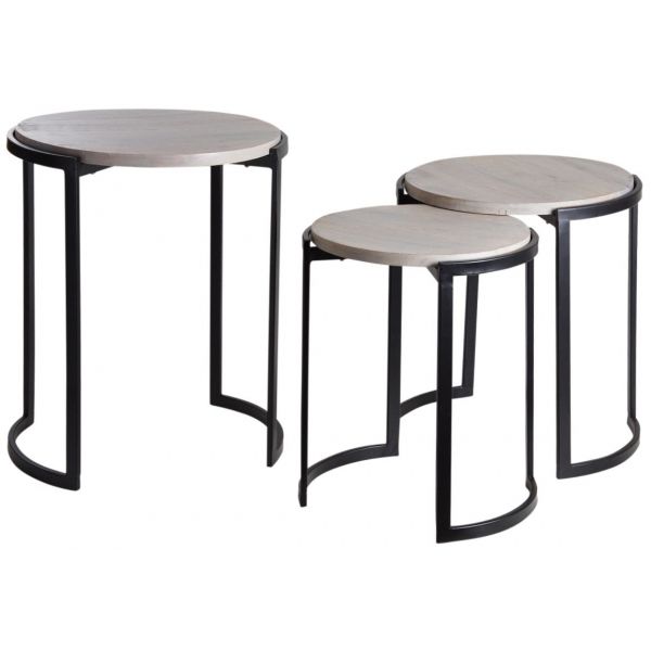 Sellettes rondes en métal et manguier (Lot de 3)