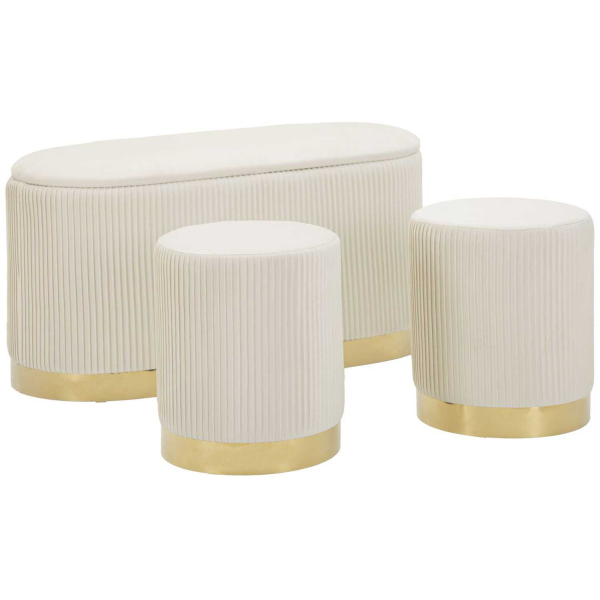 Set un banc et deux poufs en tissu avec rangement Shopy
