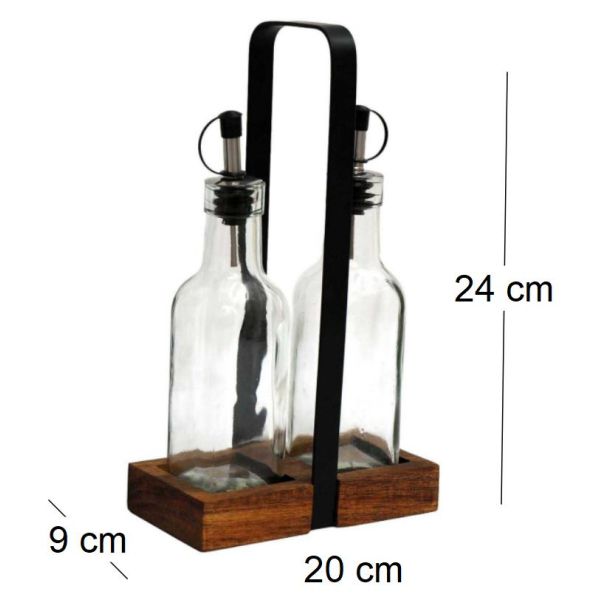 Set 2 bouteilles pour huile support en acacia - SIF-0969