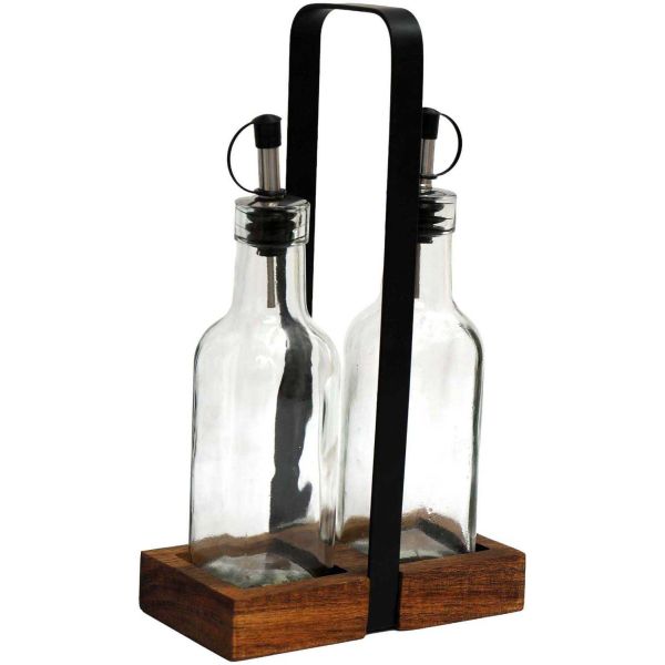 Set 2 bouteilles pour huile support en acacia