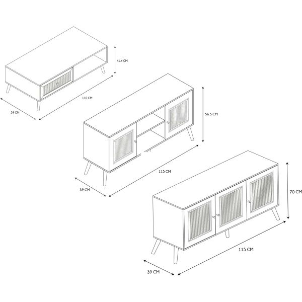 Set buffet 3 portes + meuble TV en bois 2 portes et table basse 1 tiroir Bali - CMP-4077