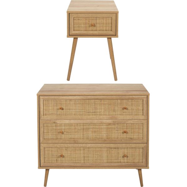 Set commode en bois 3 tiroirs et chevet 1 tiroir Bali