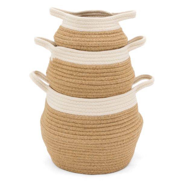 Set de 3 corbeilles en corde blanc et naturel avec 2 anses - 34,90