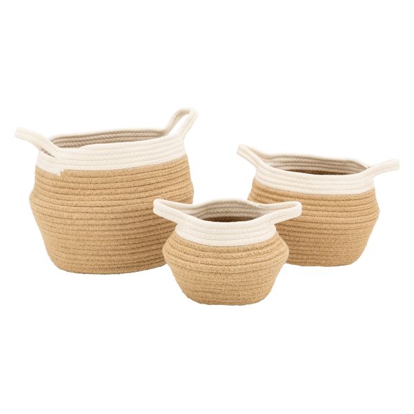 Set de 3 corbeilles en corde blanc et naturel avec 2 anses