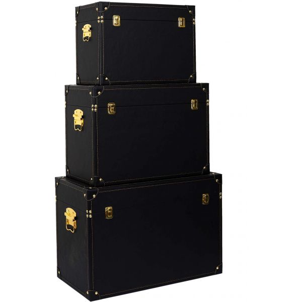 Set de 3 malles décoratives noires et dorées
