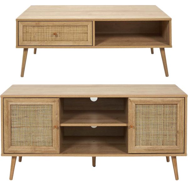 Set meuble TV en bois 2 portes et table basse 1 tiroir Bali