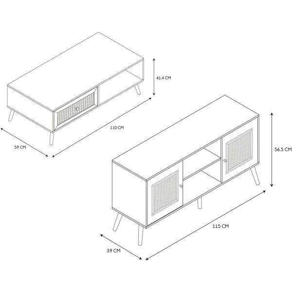 Set meuble TV en bois 2 portes et table basse 1 tiroir Bali - CMP-4076