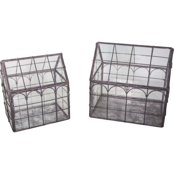 Set 2 mini serres décoratives en fer et verre