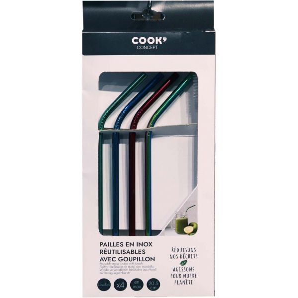 Set de 4 pailles en inox coloré avec goupillon - CMP-2942