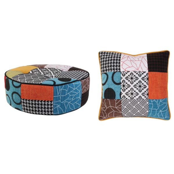 Set pouf rond patchwork 50 cm et coussin patchwork