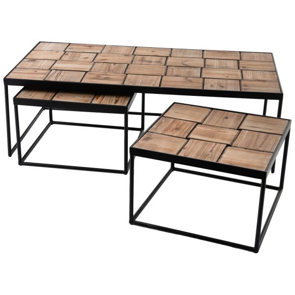 Set de 3 tables basses en bois de bout et métal