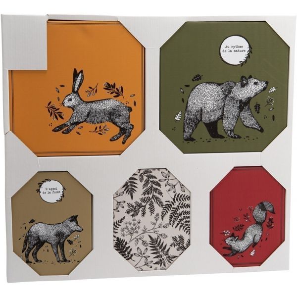 Set de 5 toiles colorées Animaux de la forêt